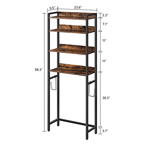 MAHANCRIS Over The Toilet Storage Rack, 4 Tier Bathroom Organizer Over Toilet, Freestanding Space Saver Toilet Stand with 2 Hooks, Bathroom Storage Shelf, Easy to Assemble, Rustic Brown TSHR0401Z - color: Rustic Brown, size: 4 Tier (23.6"l X 9.5"w X 68.3"