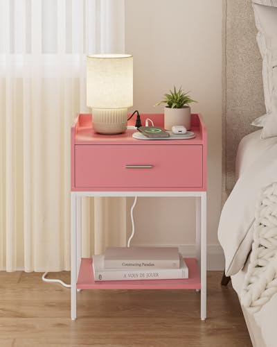 Masupu Nightstand with Charging Station,3-Tier Modern Bedside Night Stand with Storage Drawer and Shelf,Small End Side Table for Bedroom,Living Room,Pink and White - color: Outlet-pink
