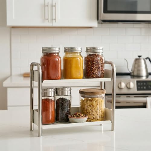MOZIMABOX Cabinet Organizer Shelf, 2 Tier Kitchen Spice Rack Countertop Shelf Organizer, Stainless Steel Kitchen Storage Countertop Storage Shelf Container, (S, White) - size: S