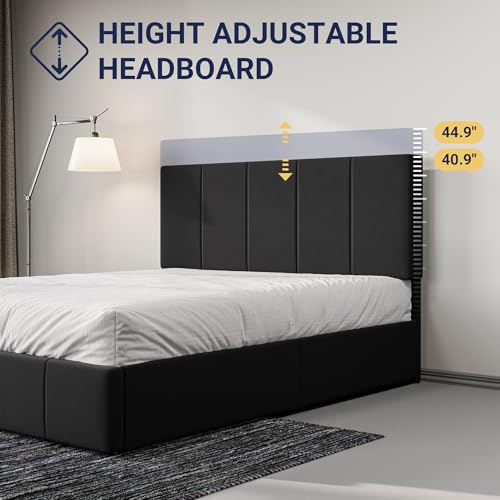 Allewie Queen Size Dutch Velvet Upholstered Platform Bed Frame/Vertical Channel Tufted Adjustable Headboard/Low Profile Bed Frame/No Box Spring Needed/Easy Assembly/Black - color: Black, size: Queen