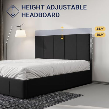 Allewie Queen Size Dutch Velvet Upholstered Platform Bed Frame/Vertical Channel Tufted Adjustable Headboard/Low Profile Bed Frame/No Box Spring Needed/Easy Assembly/Black - color: Black, size: Queen