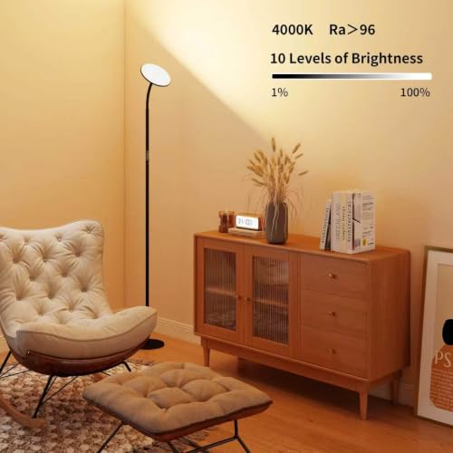 60W Torchiere Lamp, 76'' Dimmable Tall Lamp, Bright Sky Floor Lamp | 4000K, 360° Gooseneck, Height Adjustable, Touch Control, CRI 95, Aluminum Panel, for Living Room Bedroom Office Plant Light - color: Touch Control