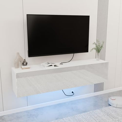 HOMMPA Floating TV Stand with LED for 65/60/55 inch TV, Modern High Gloss Wall Mounted Entertainment Center with Storage, Floor Mounted Media Console, White - color: White