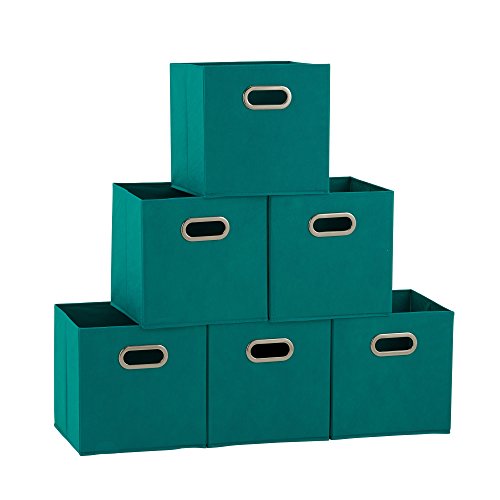 Household Essentials Fabric Storage Bins in Strong Poly‑Woven Fabric, Sturdy Chipboard Sides, Grommet Front Handle, Teal Green, Set of 6 - color: Teal, size: 11” L x 11” W x 11” H