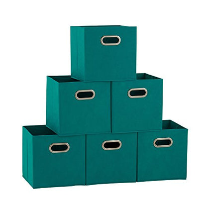 Household Essentials Fabric Storage Bins in Strong Poly‑Woven Fabric, Sturdy Chipboard Sides, Grommet Front Handle, Teal Green, Set of 6 - color: Teal, size: 11” L x 11” W x 11” H