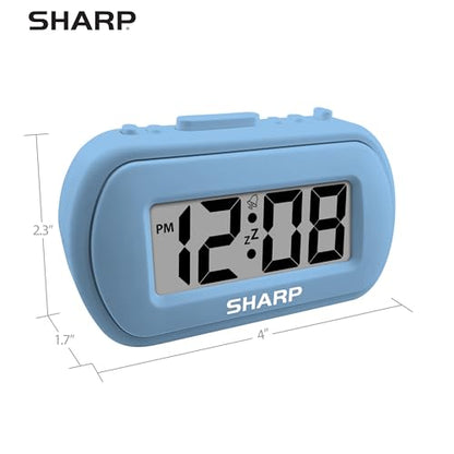 Sharp Battery Alarm Clock with Soft-Touch Case and Backlight, Light Blue | Soft-touch rubberized case; Battery operated; Blue backlight on demand; Ascending alarm; Snooze; Easy to use - color: Blue