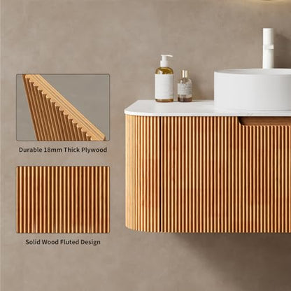 30” Floating Bathroom Vanity with Sink, Fluted Wall-Mounted Solid Wood Cabinet, White Ceramic Round Basin, Faux Marble Top, Soft-Close Drawer, Pre-Assembled, Natural Woodgrain - color: 02 - Natural Woodgrain, size: 30"