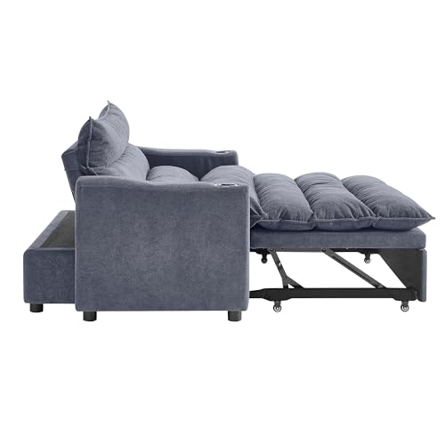 SLEERWAY 3 in 1 Convertible Sleeper Sofa Bed, 36.14" W Easy Pull Out Chair Bed with Dual Cup Holders, Comfy Thick Padding Futon Love Seat with Adjustable Backrest for Living Room Small Space (Grey) - color: Grey, size: 36.14"