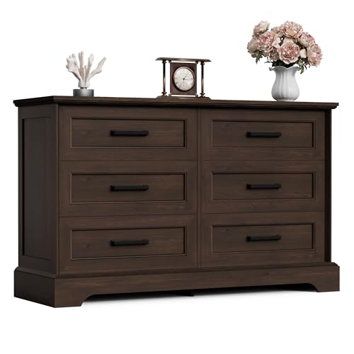 Furmax Farmhouse Dresser for Bedroom, 6 Drawers Dresser, Brown | Wood Chest of Drawers, 47.2" Storage Organizer, Anti-tip, TV Stand for Living Room - color: Brown