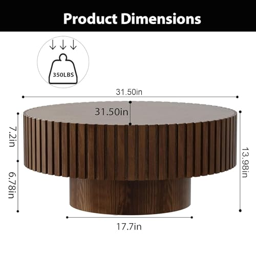 Round Fluted Drum Coffee Table with Pedestal Base | 31.5'' Modern Brown Wooden Drum Center Table, Handcrafted Solid Wood Fluted Edge, For Living Room & Apartment - color: Round Brown