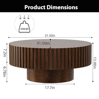 Round Fluted Drum Coffee Table with Pedestal Base | 31.5'' Modern Brown Wooden Drum Center Table, Handcrafted Solid Wood Fluted Edge, For Living Room & Apartment - color: Round Brown