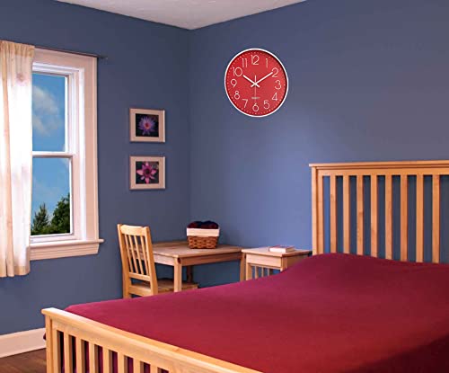 12 in Wall Clock Non-Ticking Quartz Silent Battery Operated Round Clocks Home Kitchen Office School Living Room Decor Clocks (Red) - color: Red