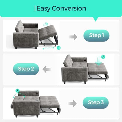 LINSY 54" Pull Out Couch with Charging Station, Small Sleeper Sofa Bed with Cup Holder, 3 in 1 Convertible Loveseat Sleeper Couch for Apartment, Dorm Room, Bedroom and Small Space（Grey） - color: Grey