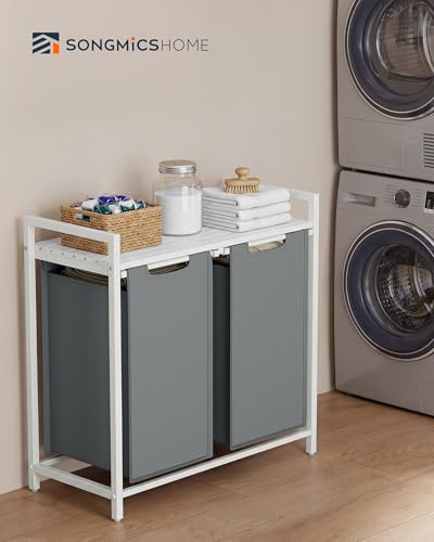 SONGMICS HOME Laundry Basket Sorter with Storage Shelf, Laundry Hamper with Metal Frame, 2 x 12.1 Gallons (46 L), Gray and White - color: Gray + White, size: 2 Bags-92L
