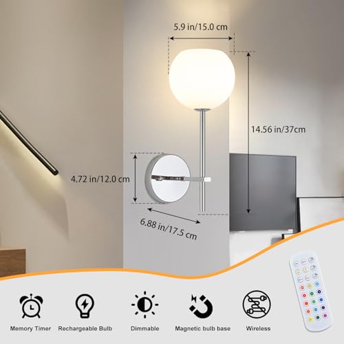 Chrome Battery Operated Wall Sconces Set of 2, Rechargeable Wireless Wall Lights with Milky White Frosted Glass, 12 RGB and 3CCT Dimmable, Wall Lamps with Remote for Bedroom Living Room Hallway - color: Chrome