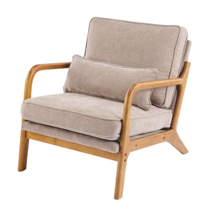 Karl home Mid-Century Modern Accent Reading Chair, Khaki | Chenille Upholstered, Solid Wood Frame, Soft Cushion, Lumbar Pillow, Lounge Armchair for Living Room, Bedroom, Balcony, Study - color: Chenille Khaki