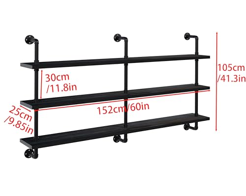 HDDFER Industrial Pipe Shelving Rustic Black Pipe Wall Shelves Industrial Shelves with Wood Planks Floating Shelves 60 Inch Farmhouse Bathroom,Kitchen Shelving Wall Mounted - color: Black, size: 3Tier60in