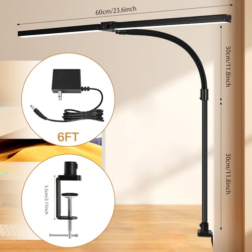 LED Desk Lamp with Clamp, 18W Dimmable Light, No Remote | 18W Dimmable Eye-Caring Clamp Light with Anti-Glare Cover and Flexible Gooseneck for Office, Dorm, Home and Study - color: Black-23.6in
