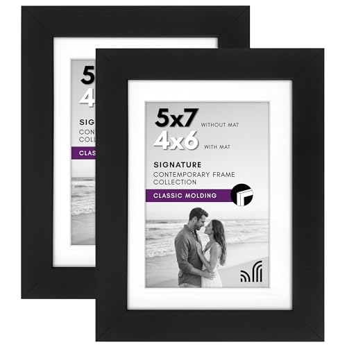 Americanflat 5x7 Picture Frame with Shatter-Resistant Glass - Set of 2 - Use as 4x6 Frame with Mat or Display 5x7 Photo Without Mat - Signature Collection - Picture Frames for Tabletop or Wall - Black | Engineered Wood construction, Shatter-resistant glas