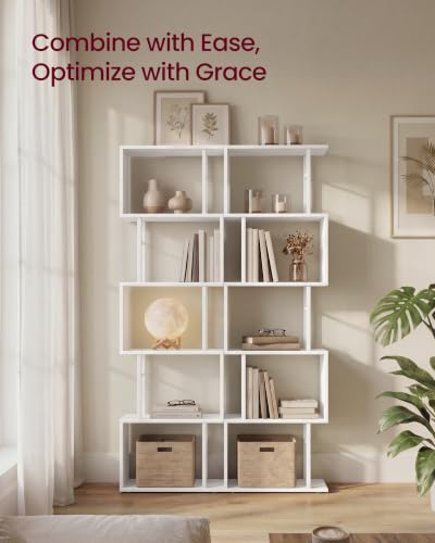 VASAGLE 6-Tier Book Shelf, S-Shaped Tall Book Shelf, Metal and Wood Display Shelf for Living Room and Office, Shelving Unit, 15 x 9.4 x 61.9 in, White, Barnet Collection ULLS172WB01 - color: White, style: 6-Tier (15"W)