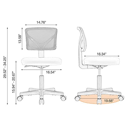 Sweetcrispy Small Armless Desk Chair, Mesh Rolling Office Chairs | Adjustable Ergonomic Lumbar Support, Low-Back, Swivel Wheels, Home Work, Bedroom, Study, Student, Adults, Grey - color: Grey