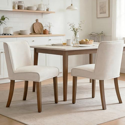 Upholstered Parsons Chair Set of 2, Linen Fabric Solid White Dining Chairs with Walnut Wood Leg Cushioned Back Modern Rustic Side Chairs for Living Room/Kitchen/Dining/Restaurant - color: Linen- White, size: 2 Chairs