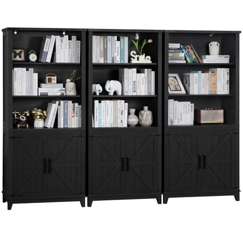 Joaxswe 70in Tall Bookshelf 5 Tier Bookcase with Barn Doors and Adjustable Shelves, Black Farmhouse Book Shelf with Storage Cabinet, Wood Freestanding Display Bookshelves for Bedroom, Kitchen (3PCS) - color: Black, size: 3 Piece