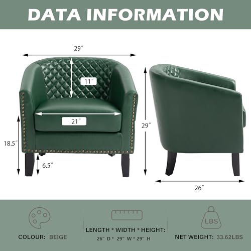 Faux Leather Accent Chair, Modern Barrel Club Chair, Green | Comfy Upholstered Armchair for Living Room, Round Club Chair Single Sofa Bedroom Reading Seat | 26"D*29"W*29"H - color: Green