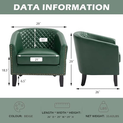 Faux Leather Accent Chair, Modern Barrel Club Chair, Green | Comfy Upholstered Armchair for Living Room, Round Club Chair Single Sofa Bedroom Reading Seat | 26"D*29"W*29"H - color: Green