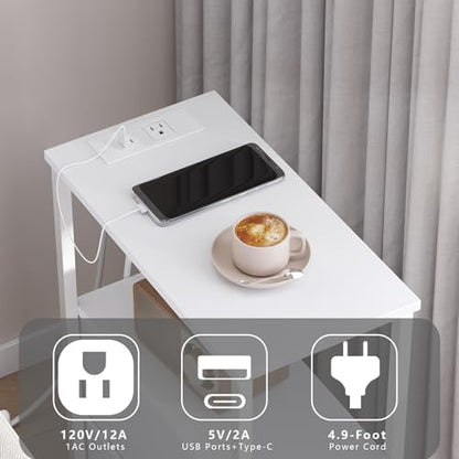 TUTOTAK Narrow End Table with Charging Station, Skinny Side Table | Bedside Table with Outlets, Nightstand with 2 Cloth Drawers, Couch Table for Living Room, Bedroom, White TB01BW055 - color: White, style: 2 Drawers & Plug