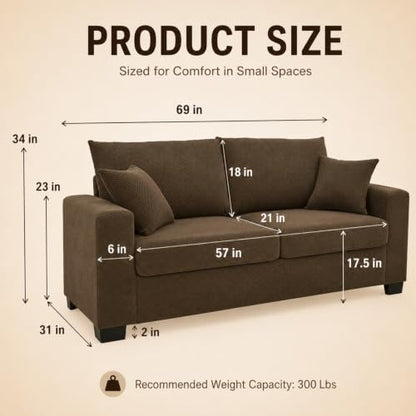 69'' Loveseat Sofa,Modern Fabric 2-Seater Sofa with 2 Pillows(Coffee) | Small Couches for Living Room, Office,Apartment, Small Spaces,21 in Deep Seat - color: 1