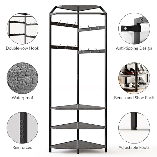 Corner Hall Tree with Shoe Bench & 6 Double Hooks, Space-Saving Entryway Corner Coat Rack with Storage Organizer & Shelf, Multi-Functional Hallway Storage Tree for Entryway, Hallway, Rustic Grey
