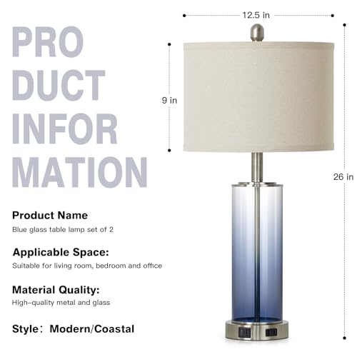 Ruzectt 26" Glass Table Lamp Single, 3-Way Dimmable Touch Control Living Room Lamp with USB C+A Ports & AC Outlet, Coastal Bedside Lamps, Bedroom Lamps for Nightstand Side End Table Desk, Blue-1PK - color: Blue-1PK