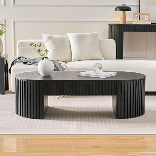 JUSTONE 51.18'' Black Oval Wood Coffee Table with Drawer, Farmhouse Wood Coffee Table for Living Room,Apartment(Black) - color: 51.18'' Oval - Black