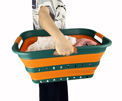SAMMART 42L (11 gallon) Collapsible Plastic Laundry Basket - Foldable Pop Up Storage Container/Organizer - Space Saving Hamper/Basket (1, Teal Green/Autumn leaf) - color: Teal Green/Autumn leaf