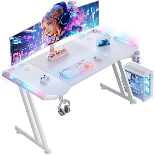 HLDIRECT 47 Inch Gaming Desk with App-Controlled RGB LED Lights, White | Z-shaped frame design, cup holder, headphone hook, cable management & mouse pad, for dual-monitor gaming and work setup - size: 47 INCH WHITE