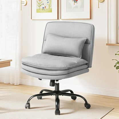 Furmax Criss Cross Legged Office Chair with Wheels, Armless Extra Wide Seat Swivel Desk Chair, Adjustable Height Comfy Task Chair with Thick Cushion for Home Office Bedroom Vanity (Fabric, Grey) - color: Grey