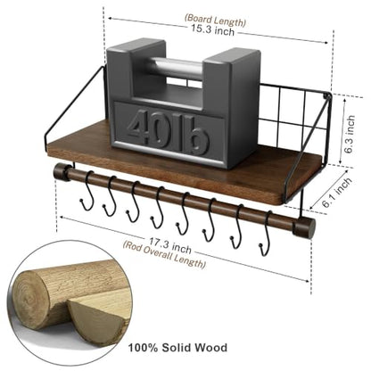 Alsonerbay Floating Shelf Coffee Bar Shelf with Towel Bar, Dark Brown | 8 removable hooks, solid wood, space-saving, holds cooking utensils & mugs, easy installation, kitchen & bathroom use - color: Dark Brown