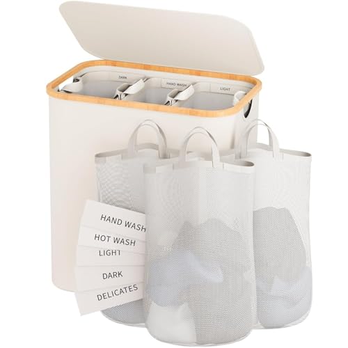 145L Laundry Hamper with Lid, 3 Section Laundry Basket with 3 Removable Bag | Clothes Hampers for Laundry with Bamboo Frame Handle, Large Dirty Clothes Hamper for Laundry Room, Bathroom, Bedroom, Beige - color: Beige, size: 145L