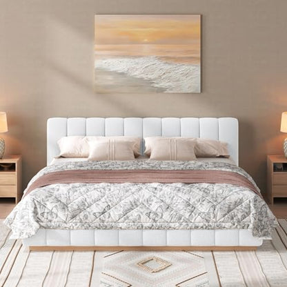 Majnesvon King Size Upholstered Bed Frame, Soft Boucle Bed Frame with Headboard, Low Profile White Platform Bed with Wood Base - size: King (U.S. Standard)