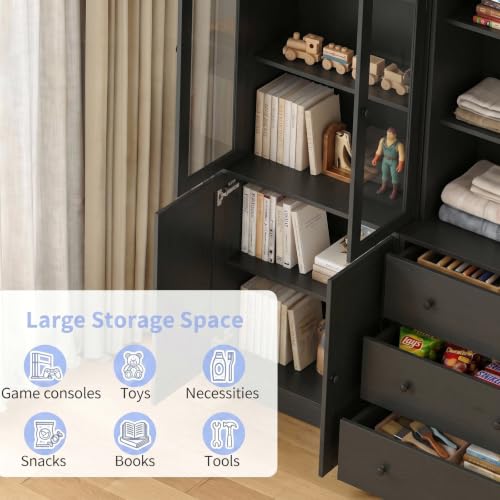 TUSY 71" H Bookshelf with Storage, 6-Tier Modern Bookshelves with 3 Large Drawer, Display Bookcase with Glass Doors, Modern 5-Tier Curio Cabinet for Home Office, Dining Room (Black, ABBA) - color: Black