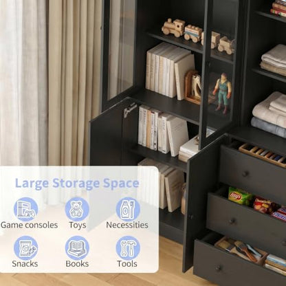 TUSY 71" H Bookshelf with Storage, 6-Tier Modern Bookshelves with 3 Large Drawer, Display Bookcase with Glass Doors, Modern 5-Tier Curio Cabinet for Home Office, Dining Room (Black, ABBA) - color: Black