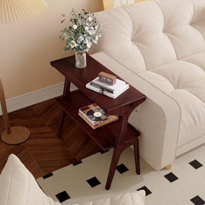 Solid Wood End Table | 2-Tier Side Table with Storage Shelf, Slim Table for Sofa, Living Room, Bedroom, Small Space, Easy Assembly, Burgundy - color: Burgundy