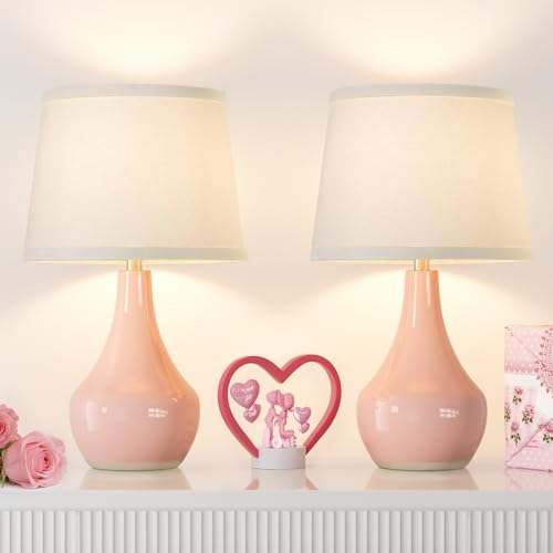 19.4" Modern Pink Lamps Set of 2, Ceramic Bedside lamps for Night Stands | Rocker Swtich, Pink Lamp for Girls Room, Bedroom Table Lamp for Living Room, Side Table, End Table, Gift - color: B. Pink