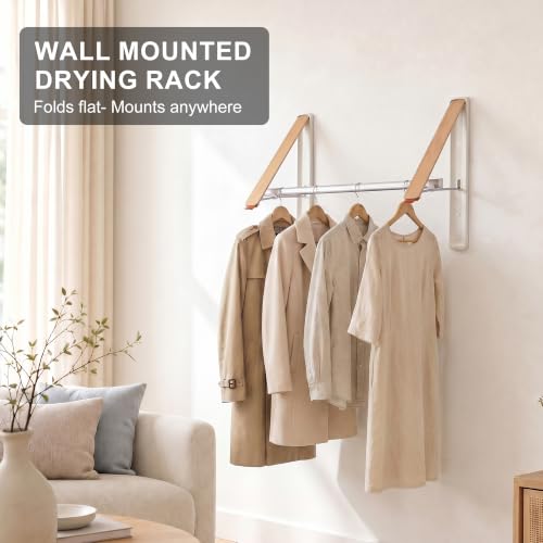 LEQ Clothes Drying Rack Wall Mounted, Foldable Laundry Drying Rack with Wood-Tone Aluminum Frame, Rustproof Retractable Clothes Hanger for Small Laundry Room, Bathroom, Balcony,(White, 2 Racks + Rod) - size: 2 Racks+Rod