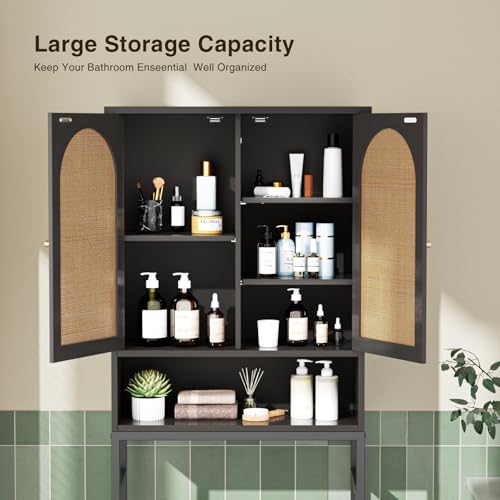 Rattan Toilet Storage Cabinet, Over The Rack Wood Cabinet with Metal Stand, Bathroom Organizer with Adjustable Shelf, Tall Freestanding Washer Shelf, Small Cupboard, Space Saver, Natural style, Black - color: Rattan Door-black