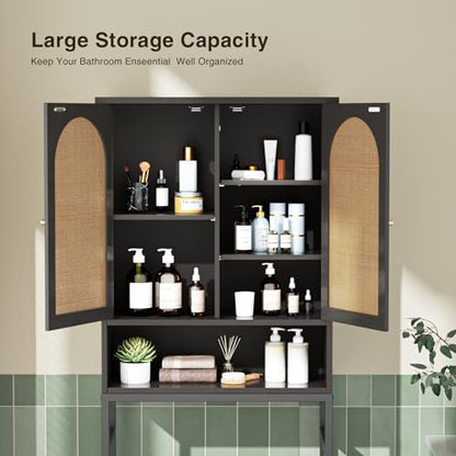 Rattan Toilet Storage Cabinet, Over The Rack Wood Cabinet with Metal Stand, Bathroom Organizer with Adjustable Shelf, Tall Freestanding Washer Shelf, Small Cupboard, Space Saver, Natural style, Black - color: Rattan Door-black