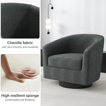 Swivel Barrel Accent Chair, Comfy Reading Armchair, Dark Grey, Set of 1 | Club Chairs for Adults, Low-Back Design, Modern Round Style, Solid Wood Frame & Metal Swivel Base, For Living Room & Bedroom - color: Dark Grey