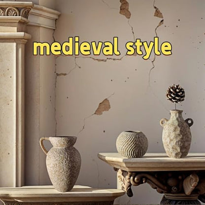 Medieval Minimalist Romantic Style Vase Set of 3，Ceramic Flower Vases Decor for Home Table Shelf Living Room Bed Room Kitchen Office Gift-Beige