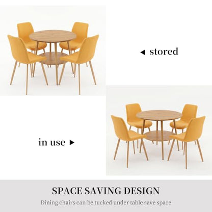 HIPIHOM 5-Piece Round Dining Table Set for 4 Oak Small Space Steel Legs | Natural Wood Tone, Double-tier Round Design Offers Storage, Stain and Spill Resistant MDF Top, Cross Braced Anti Wobble Legs - color: Oak Table+4 Yellow Chairs